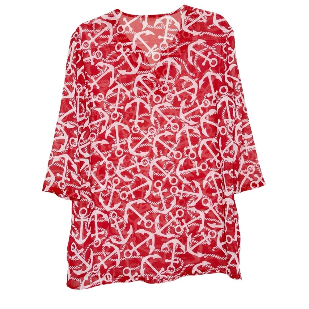 INDIGO SOUL Tunic Top V-Neck 3/4 Sleeve Cover-Up Anchor Print Red White Womens L - Picture 4 of 9